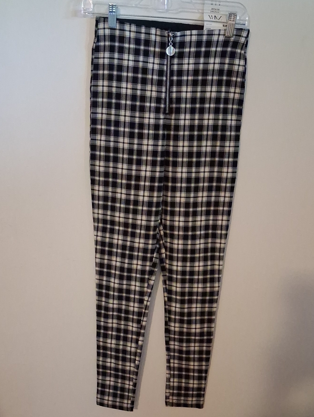 Zara Black & White Plaid Skinny Pants with Front Ring-Zip